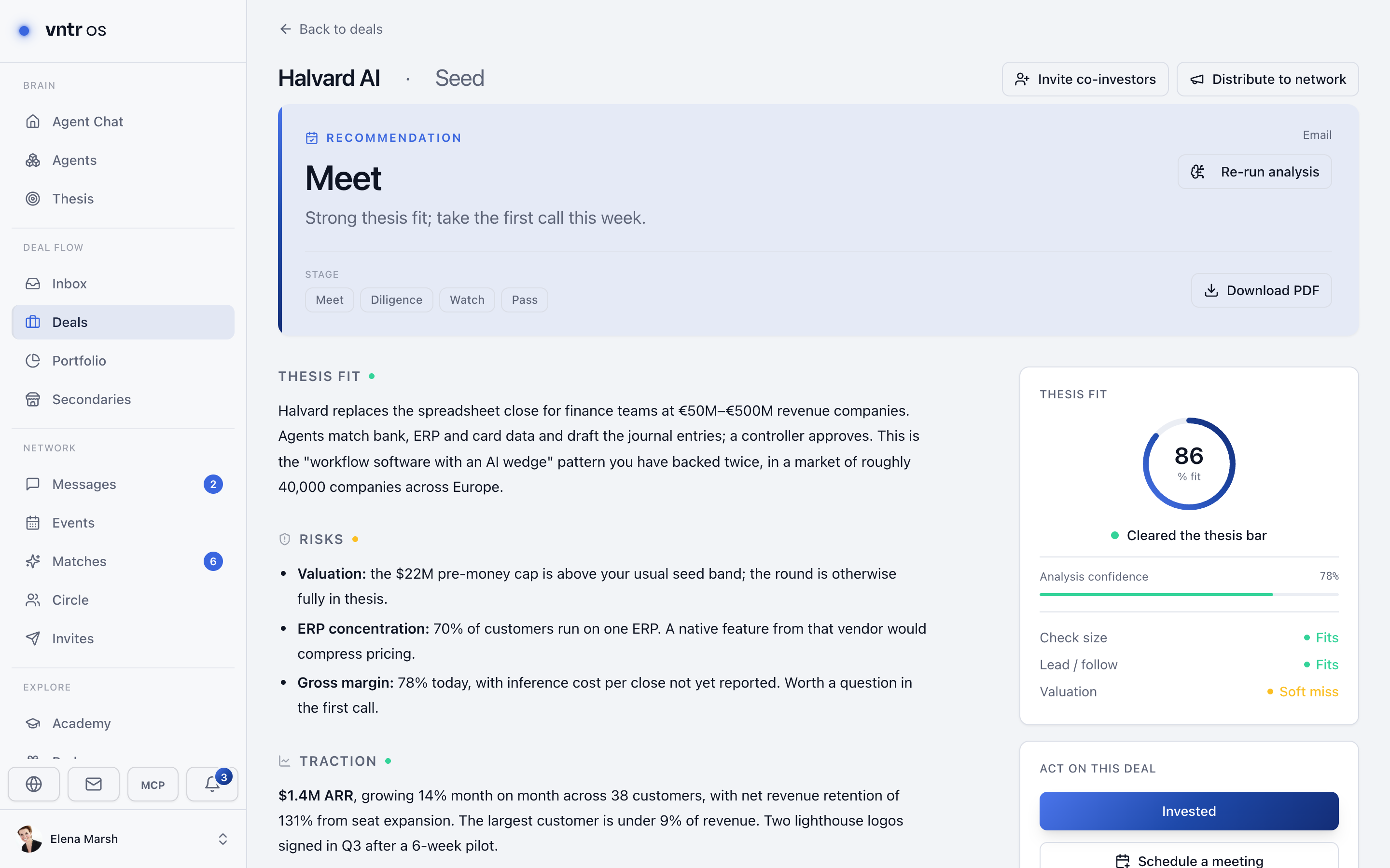 VNTR OS deal page: a ‘Meet’ recommendation, thesis fit 86, the memo with a confidence mark on each section, and the risks