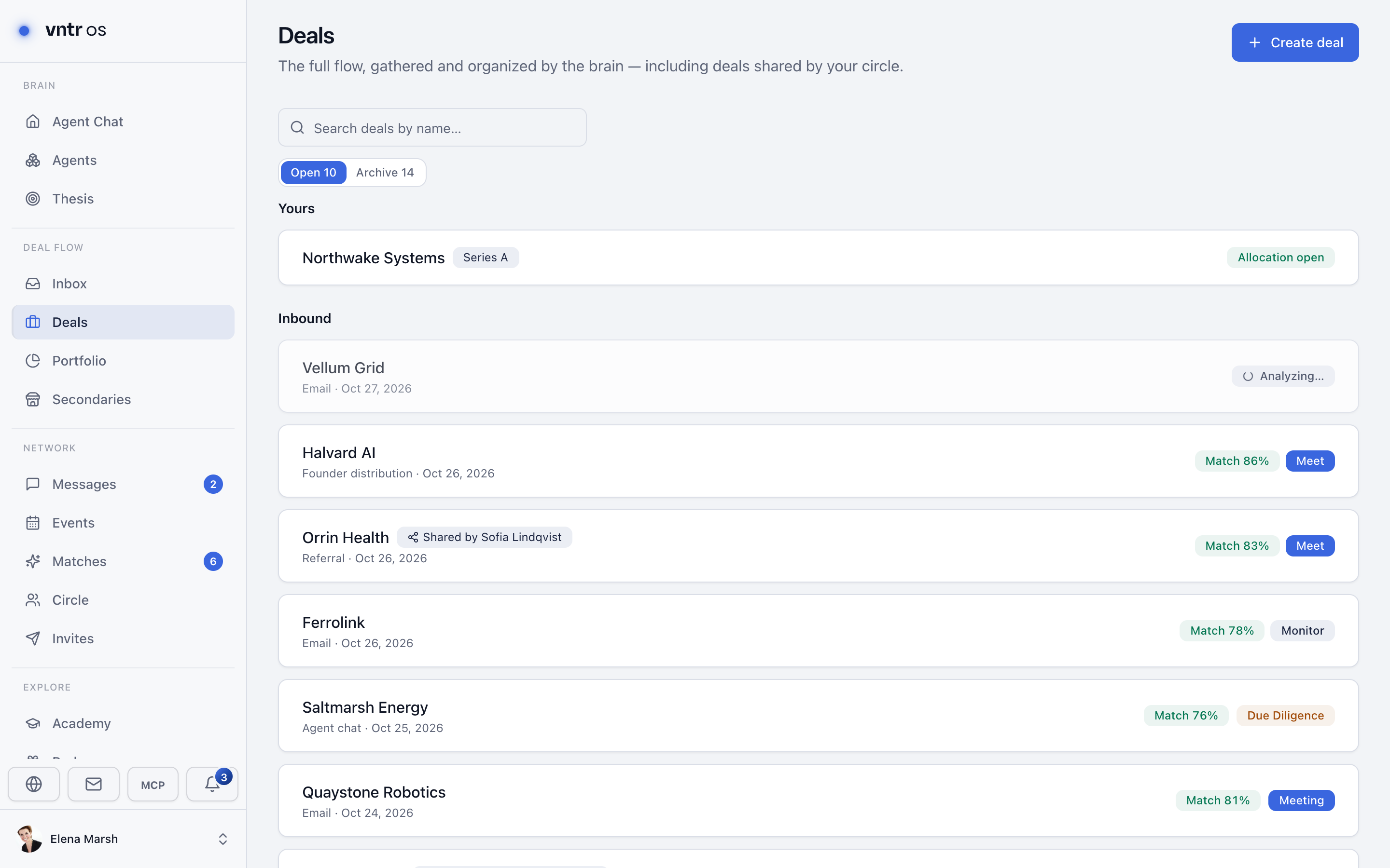 Deals on VNTR OS: inbound decks, deals shared by the circle and matches, each with its status