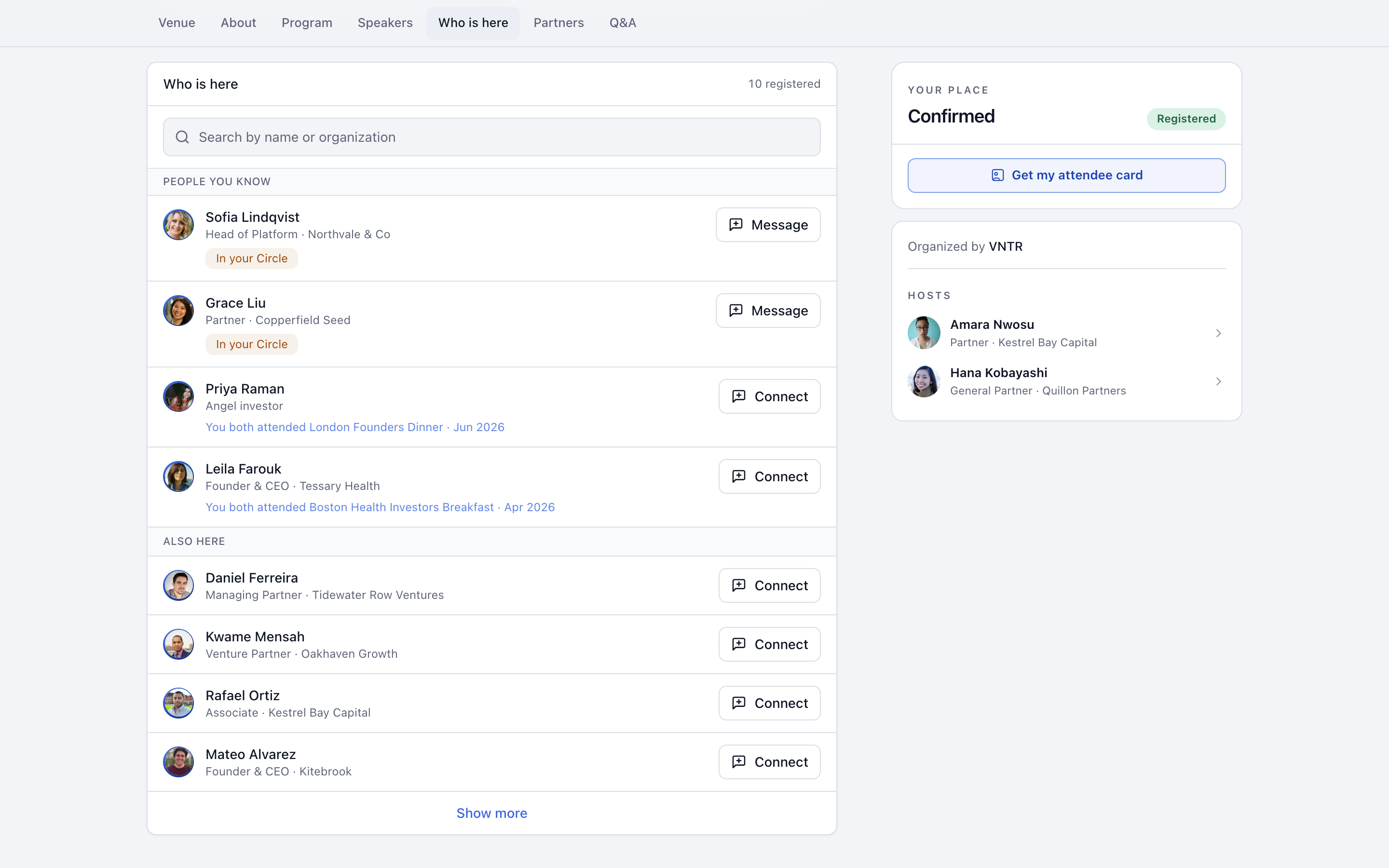 VNTR OS event page, ‘Who is here’: people you know, with the events you attended together, and everyone else registered