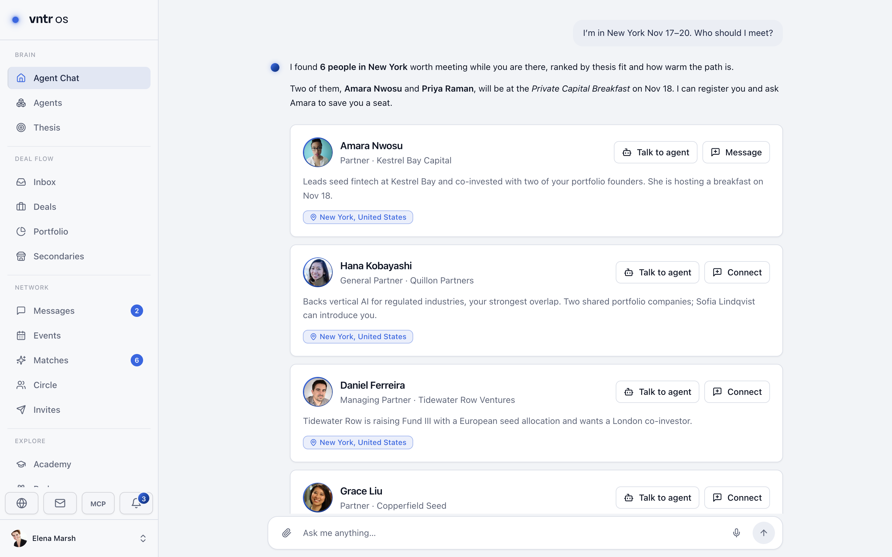 VNTR OS agent chat: six people in New York worth meeting, each with the reason, the warm path and the city